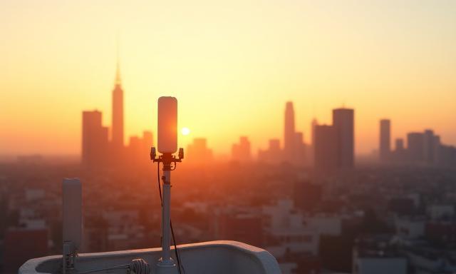 Moderne 5G-Antenneninstallation in städtischer Umgebung bei Sonnenaufgang.