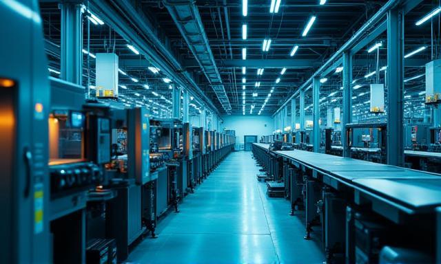 Produktionshalle mit vernetzten Maschinen und Netzwerkgeräten, symbolisch für Industrie 4.0 Anwendungen.